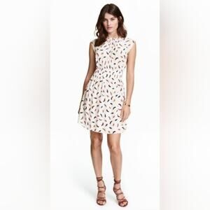 H&M Feather Pattern Crinkle Elastic Waist Cap Sleeve Dress, White, 6